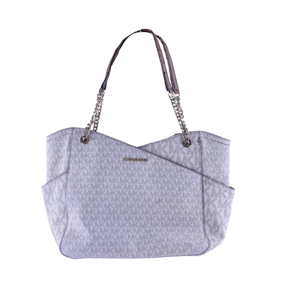 Michael Kors Jet Set Large Shoulder Tote Vanilla Monogram Chain Strap Bag